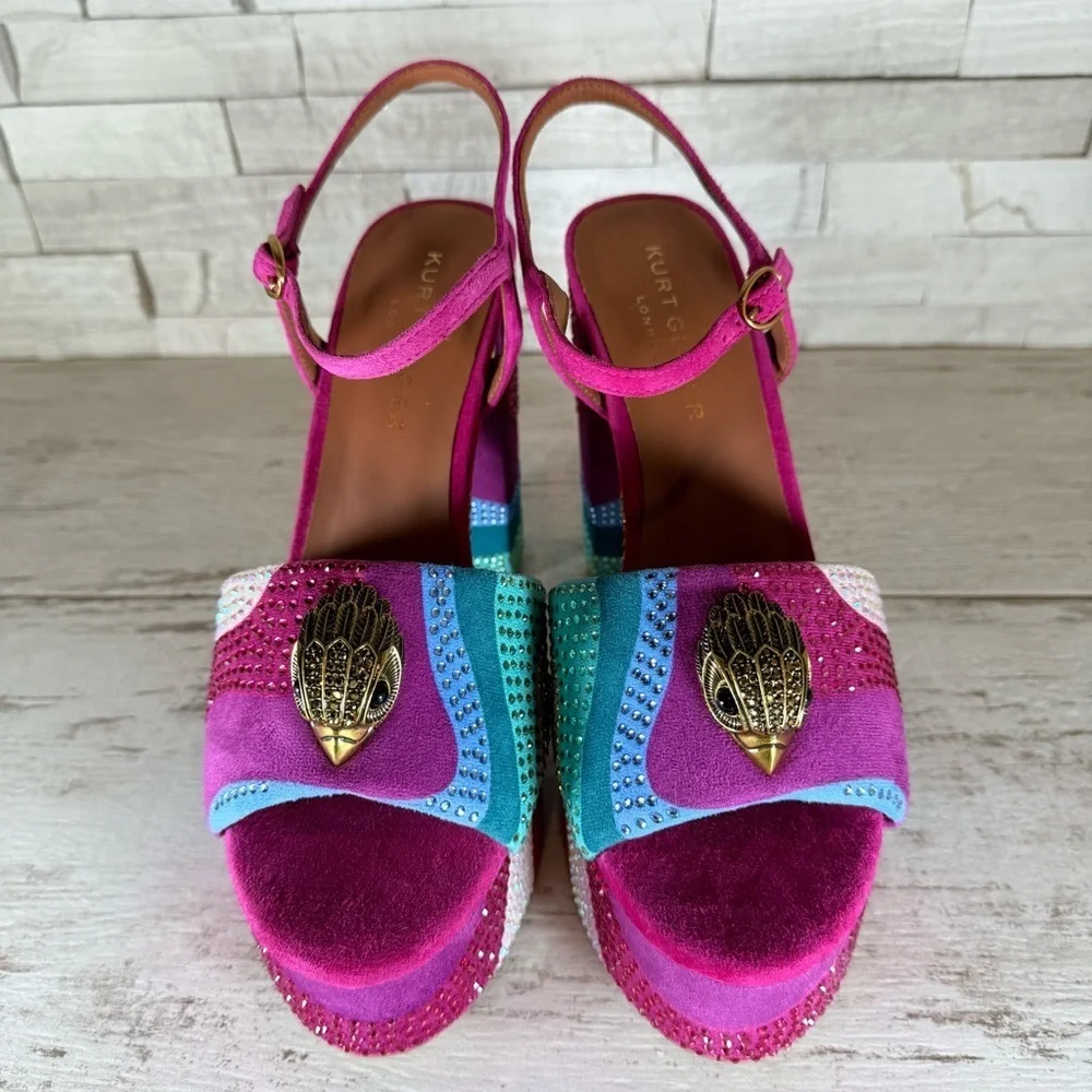 Kurt Geiger London Kensington Glitz Rainbow Rhinestone Platform Sandals SZ 40.5